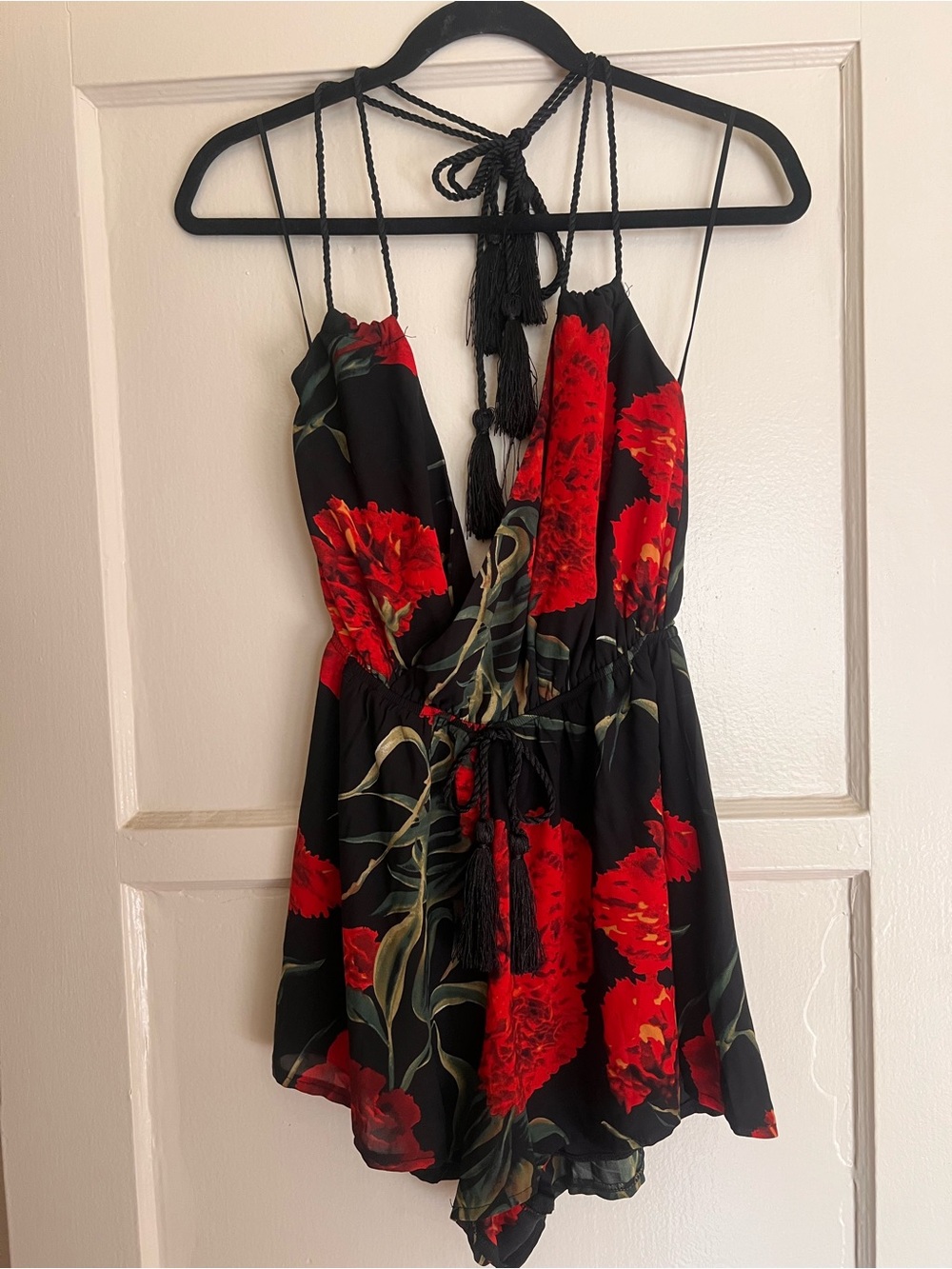 Black Floral Halter Romper with Red Flower Blooms